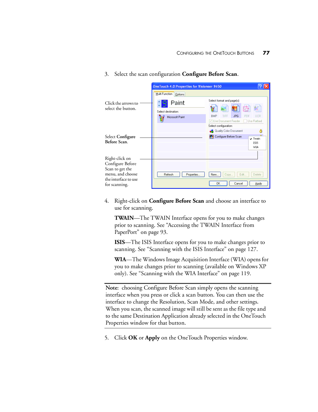 Visioneer 9650 manual Select the scan configuration Configure Before Scan 