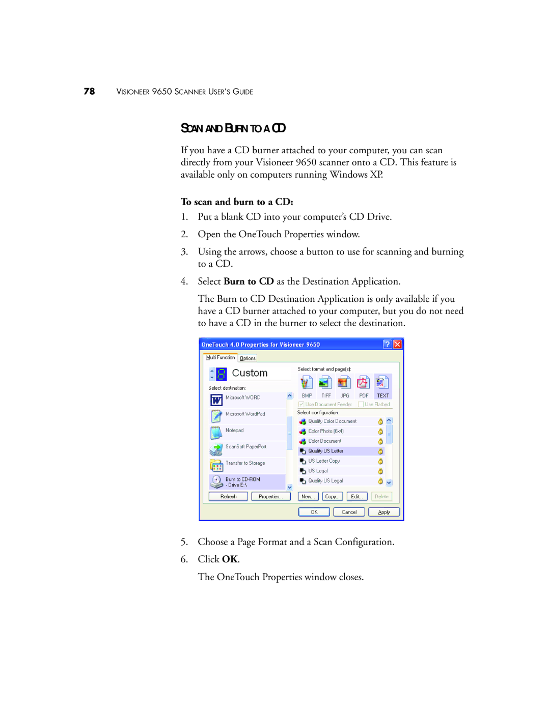 Visioneer 9650 manual Scan and Burn to a CD, To scan and burn to a CD 