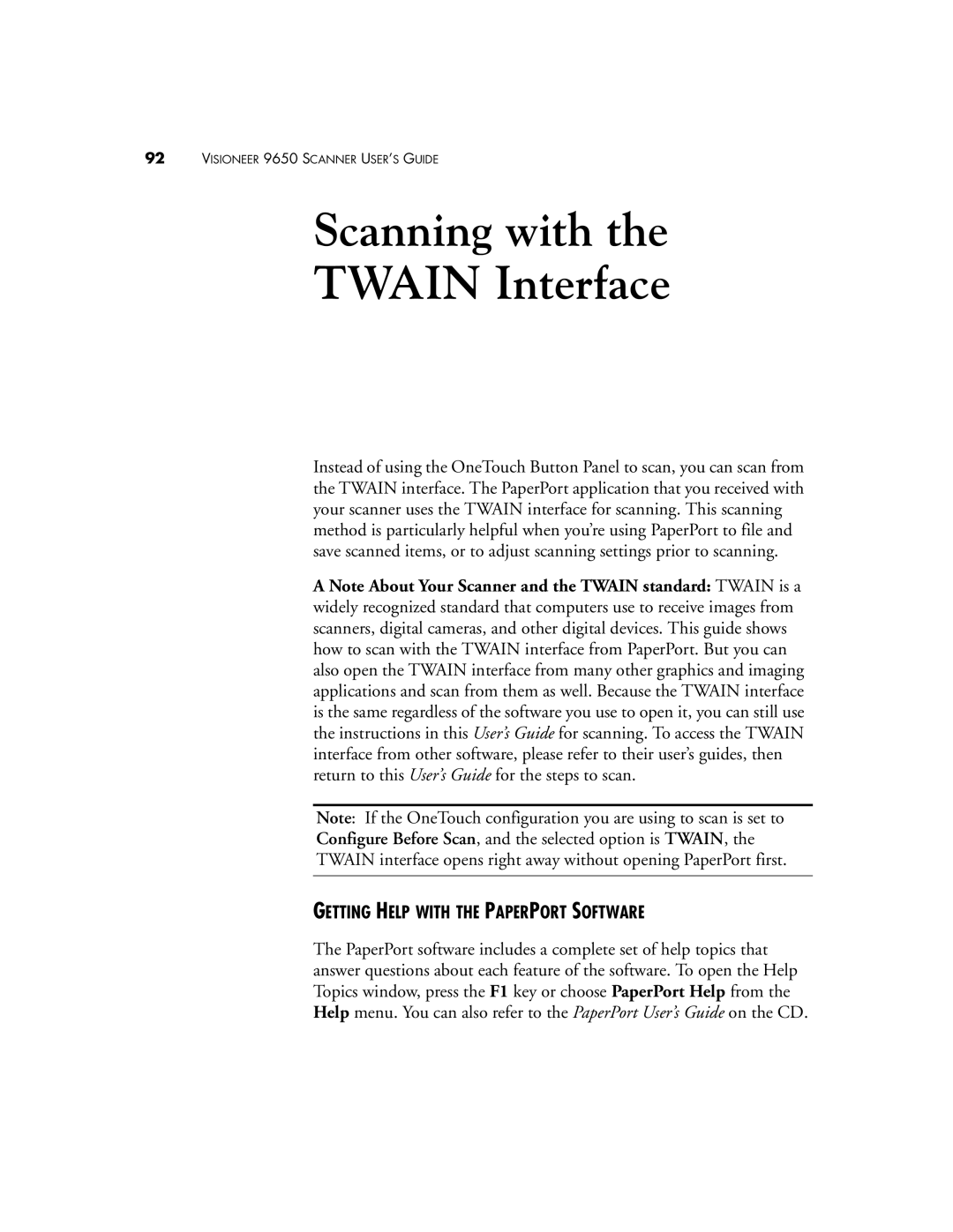 Visioneer 9650 manual Scanning with Twain Interface, Getting Help with the Paperport Software 