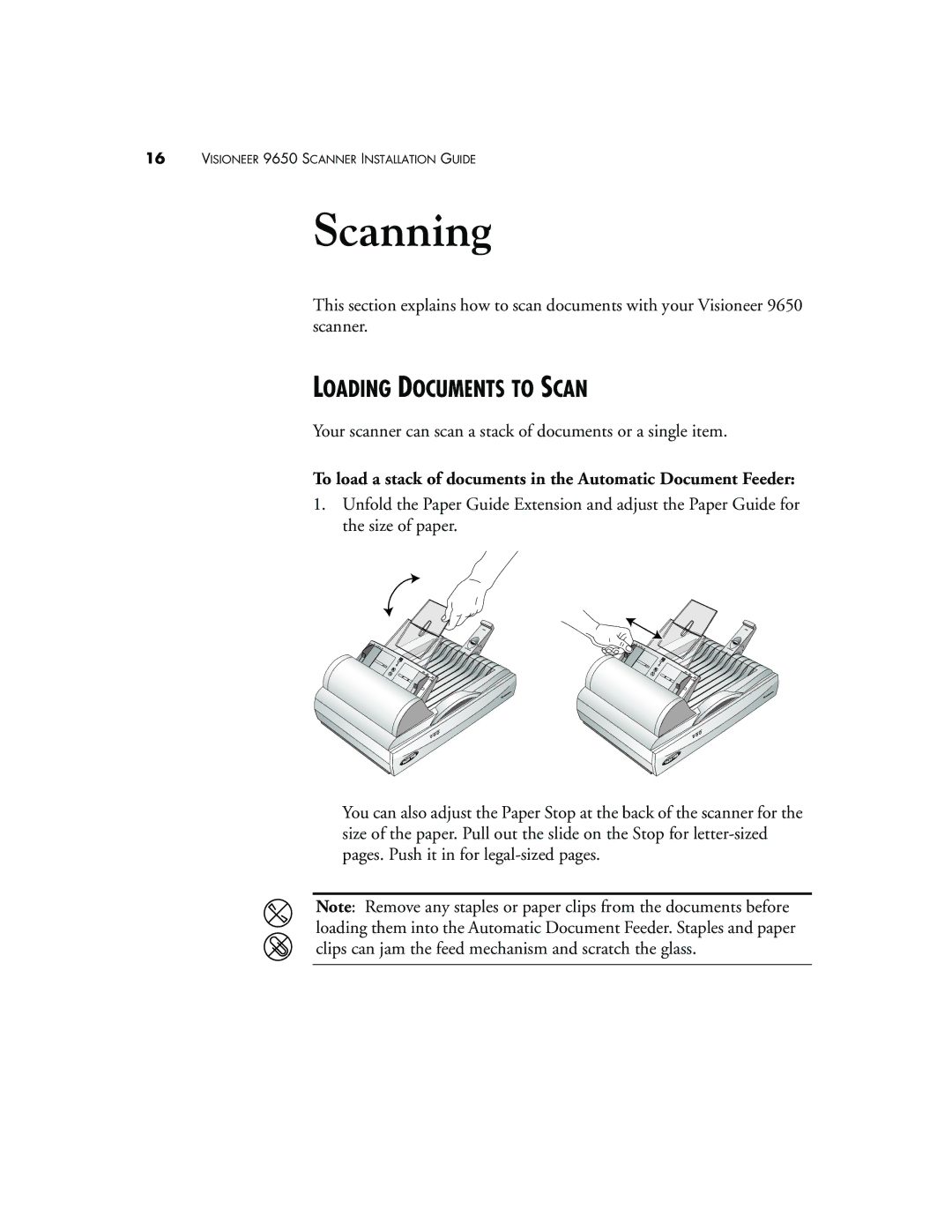 Visioneer 9650 manual Scanning, Loading Documents to Scan 