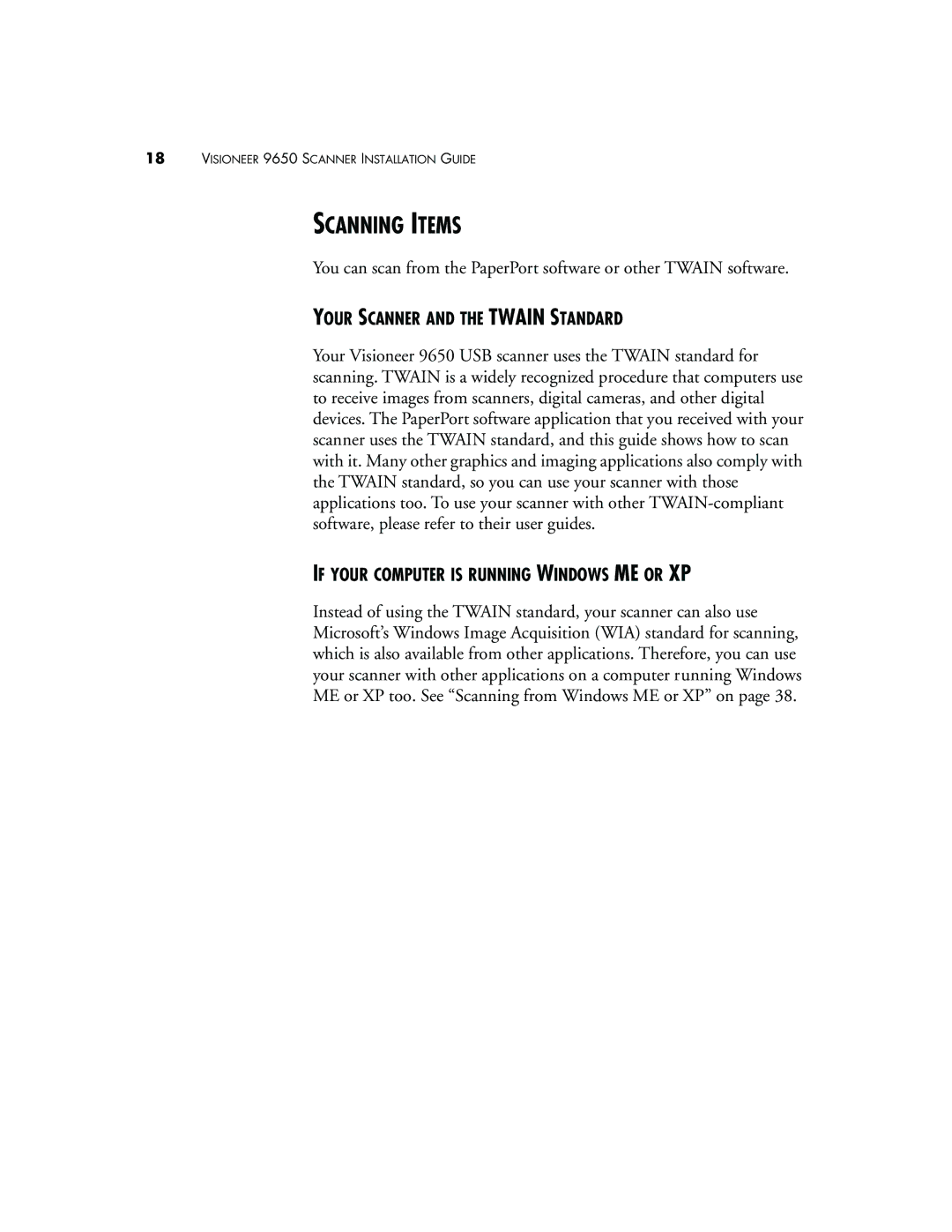 Visioneer 9650 manual Scanning Items, Your Scanner and the Twain Standard, If Your Computer is Running Windows ME or XP 