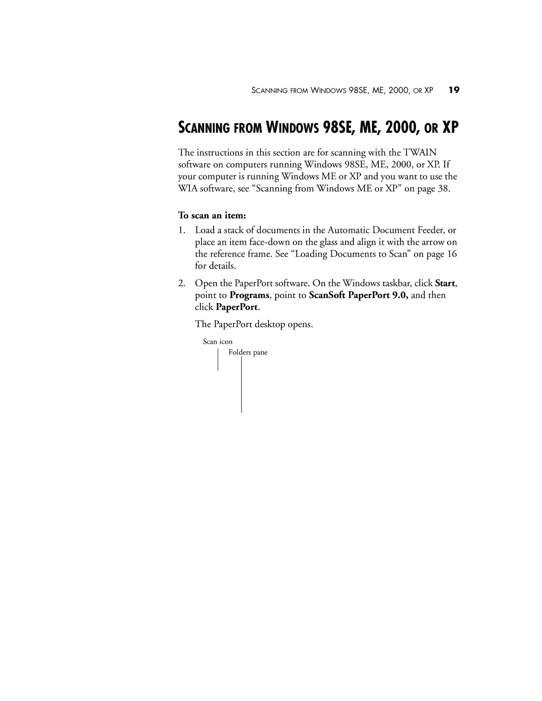 Visioneer 9650 manual Scanning from Windows 98SE, ME, 2000, or XP, To scan an item 