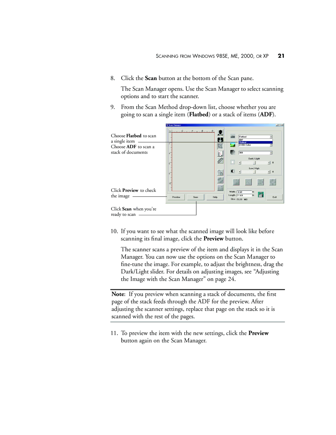 Visioneer 9650 manual Scanning from Windows 98SE, ME, 2000, or XP 