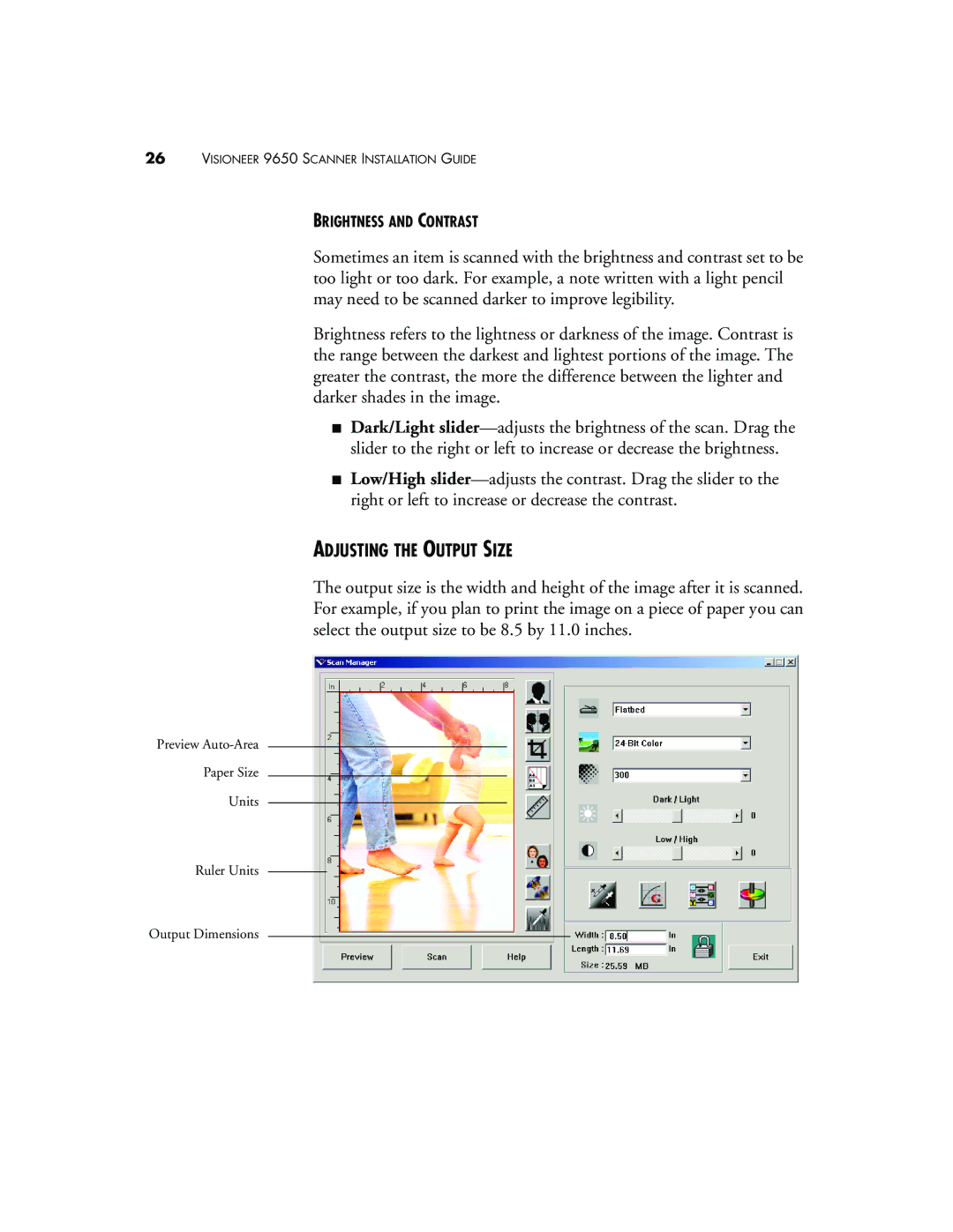 Visioneer 9650 manual Adjusting the Output Size 