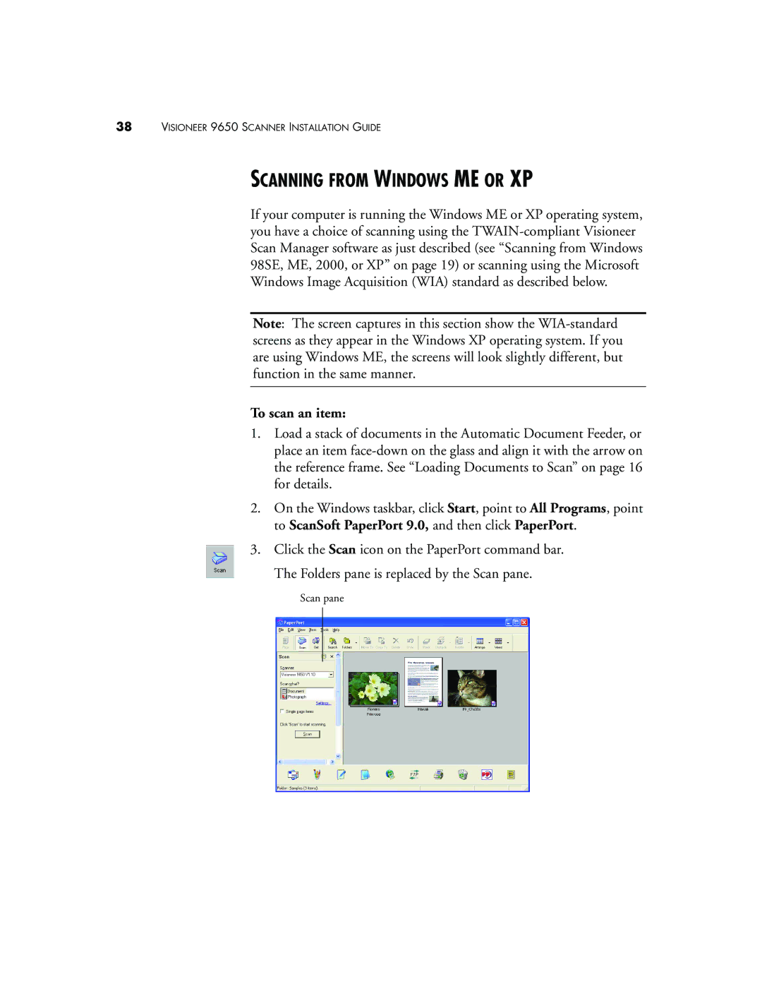 Visioneer 9650 manual Scanning from Windows ME or XP, To scan an item 