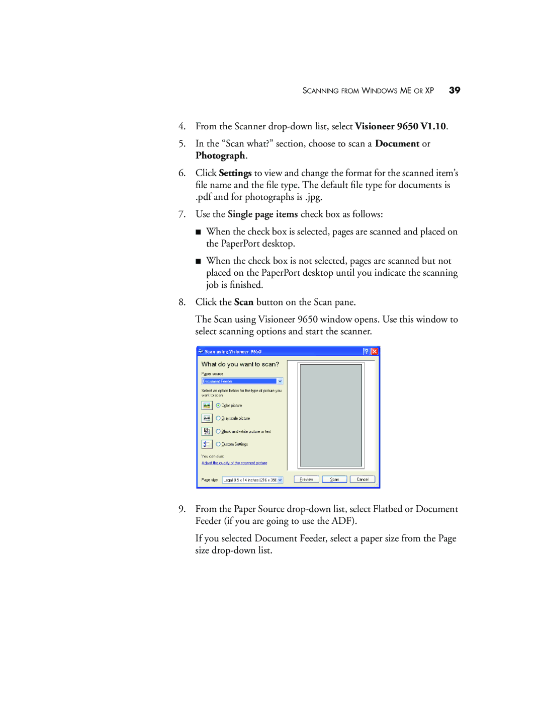 Visioneer 9650 manual Scanning from Windows ME or XP 