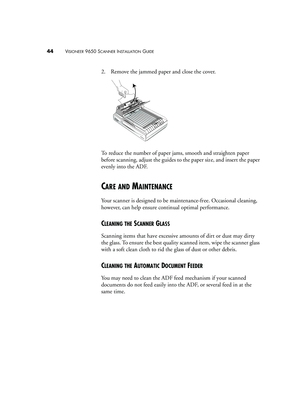 Visioneer 9650 manual Care and Maintenance, Cleaning the Scanner Glass, Cleaning the Automatic Document Feeder 