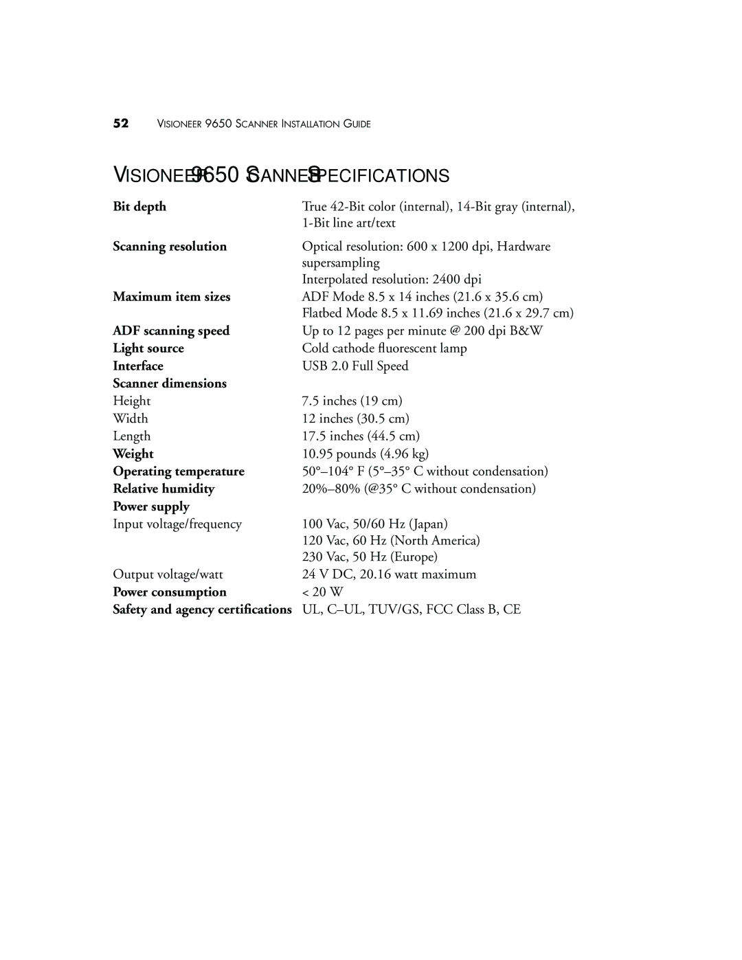 Visioneer manual Visioneer 9650 Scanner Specifications 