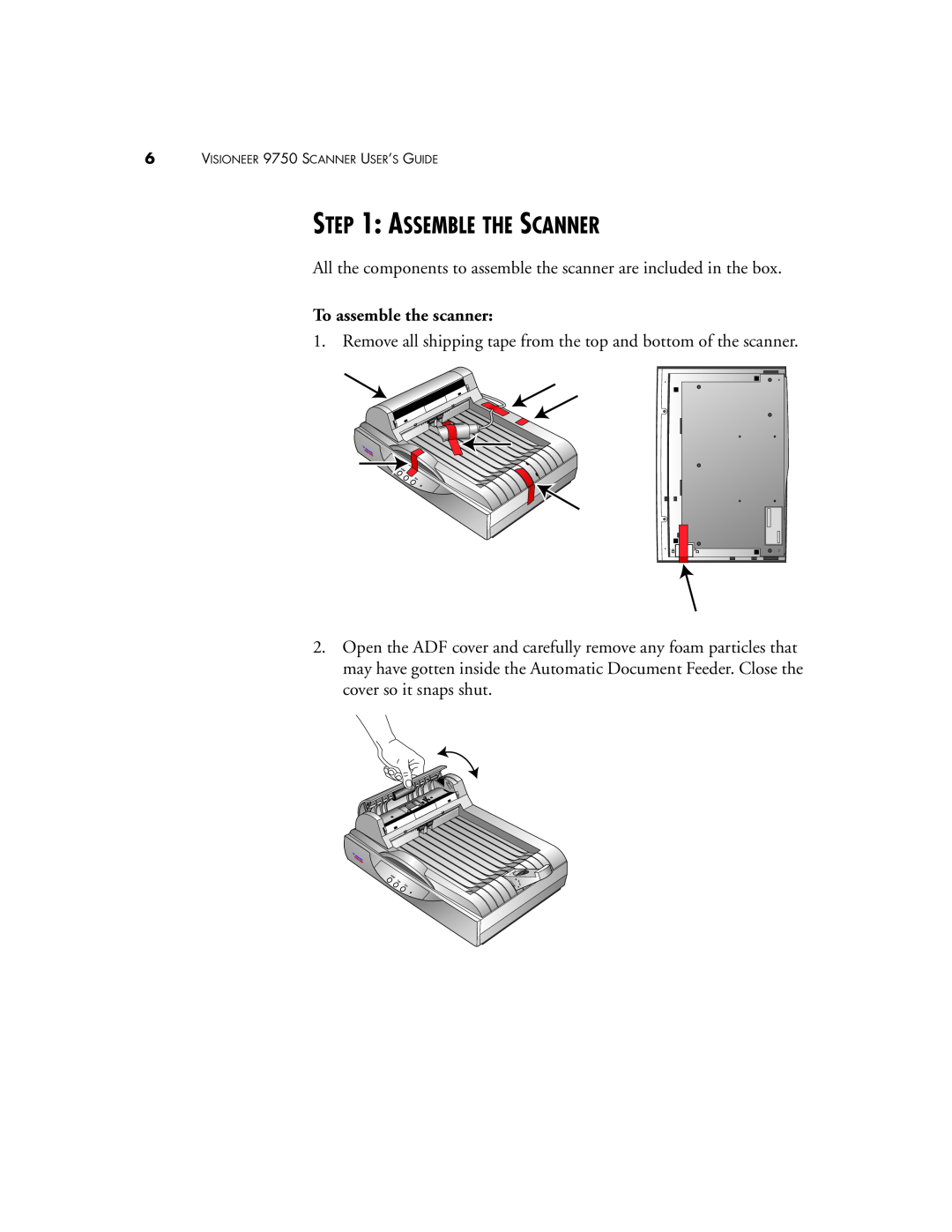 Visioneer manual Assemble The Scanner, To assemble the scanner, VISIONEER 9750 SCANNER USER’S GUIDE 