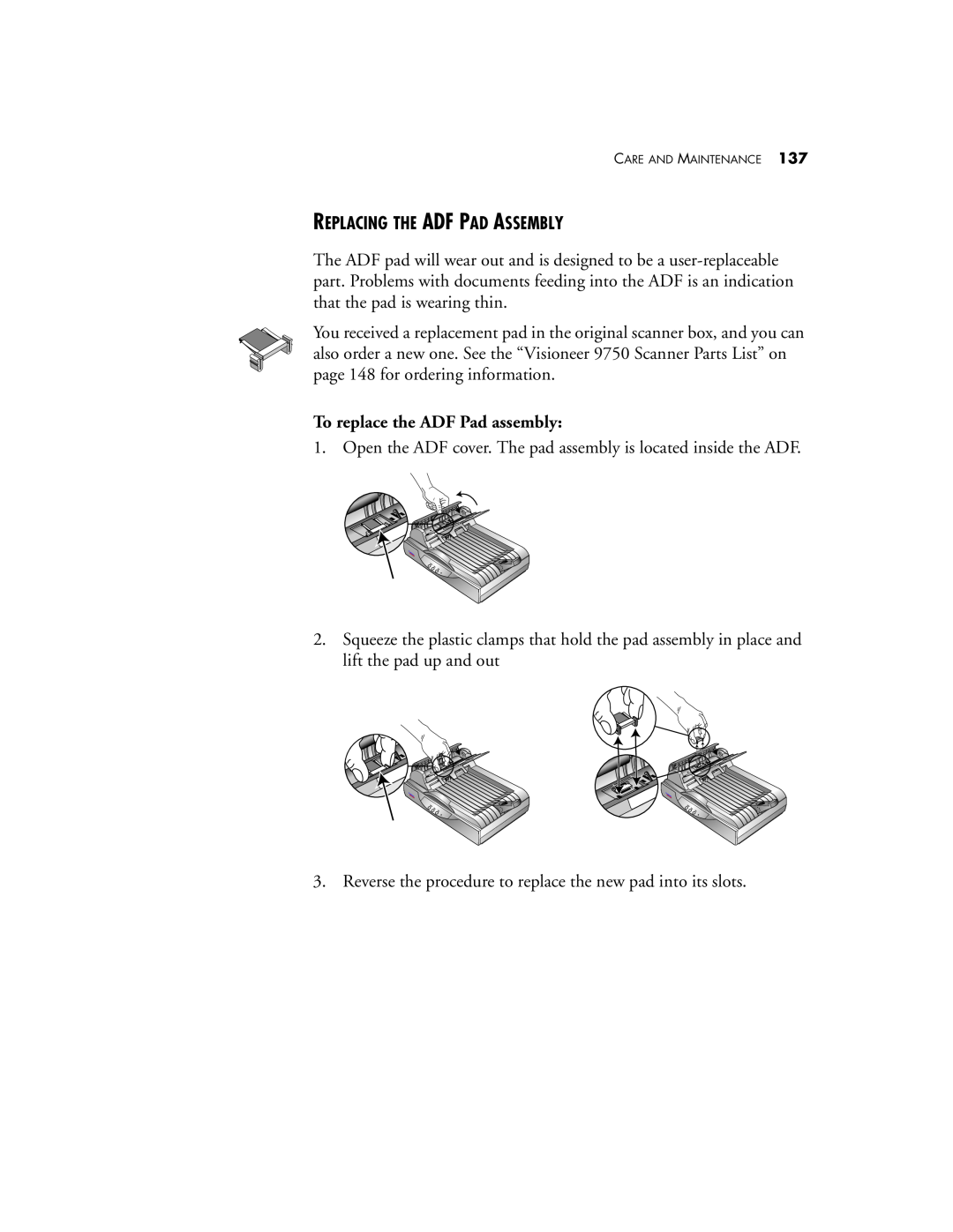 Visioneer 9750 manual Replacing The Adf Pad Assembly, To replace the ADF Pad assembly 