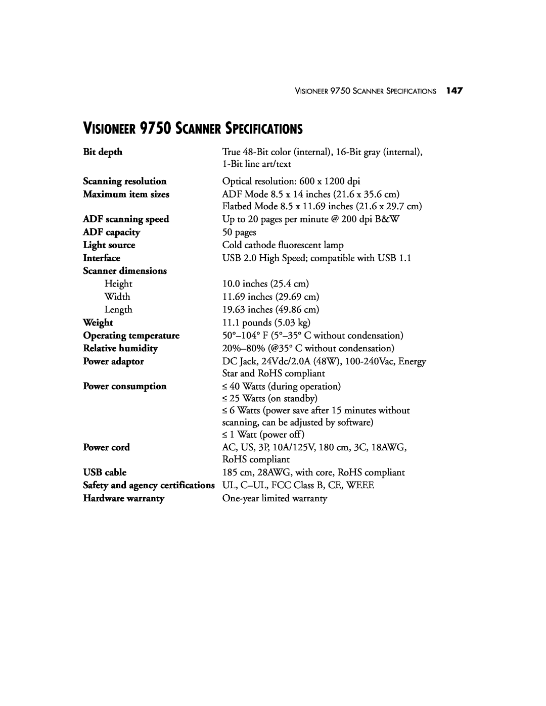 Visioneer manual VISIONEER 9750 SCANNER SPECIFICATIONS 