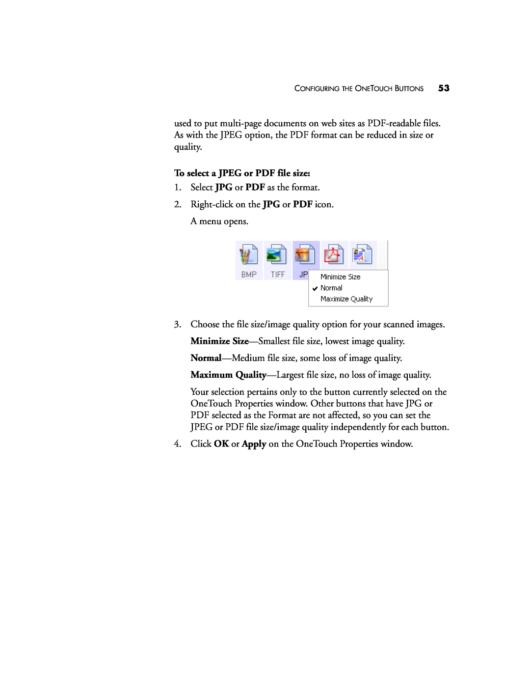 Visioneer 9750 manual To select a JPEG or PDF file size 