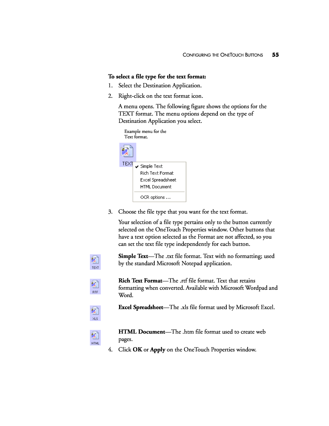 Visioneer 9750 manual To select a file type for the text format, Example menu for the Text format 
