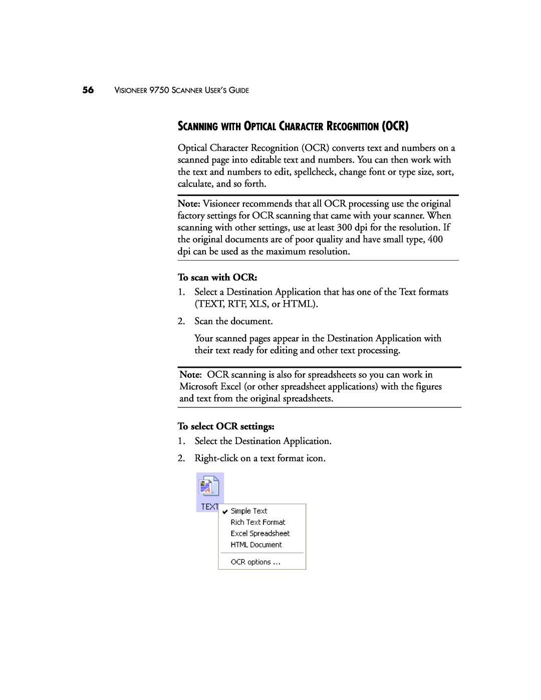 Visioneer 9750 manual Scanning With Optical Character Recognition Ocr, To scan with OCR, To select OCR settings 