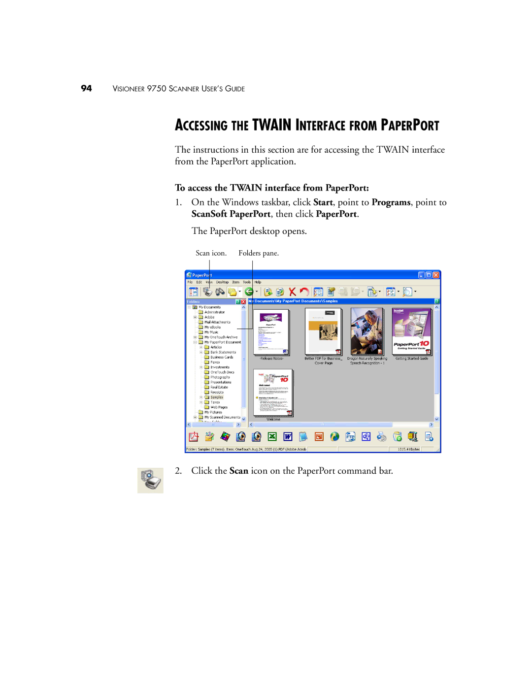 Visioneer 9750 manual Accessing the Twain Interface from Paperport, To access the Twain interface from PaperPort 