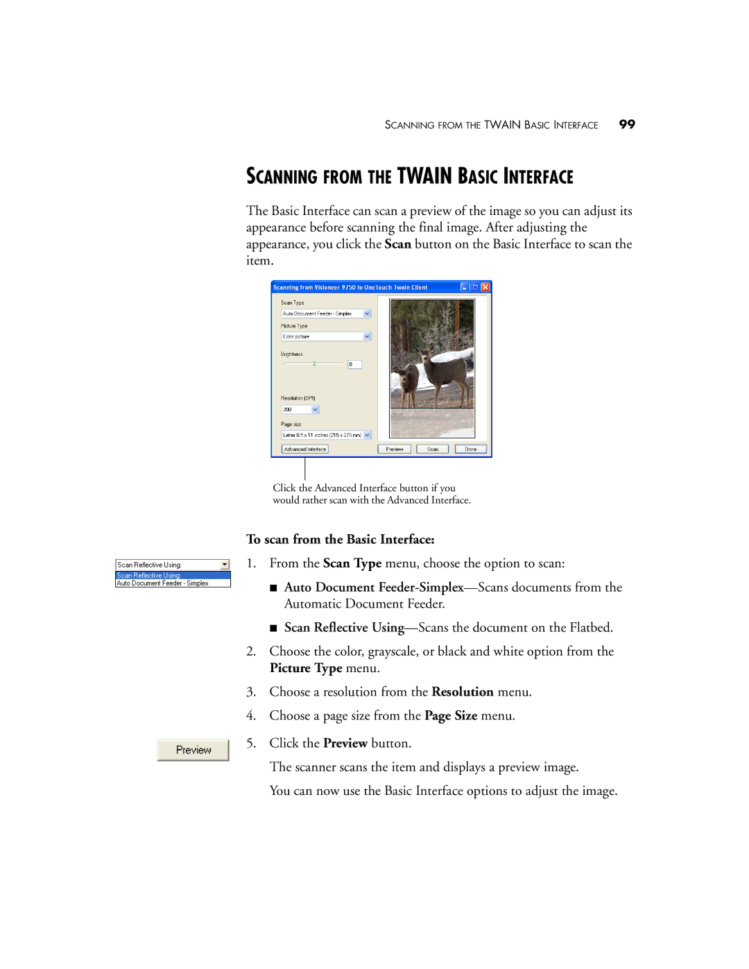 Visioneer 9750 manual Scanning from the Twain Basic Interface, To scan from the Basic Interface 