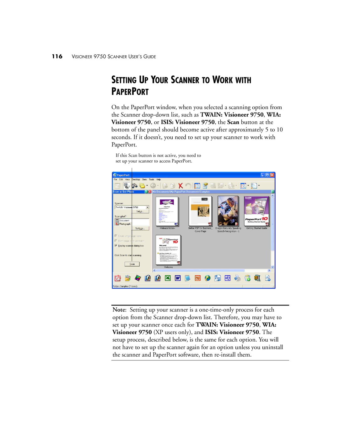 Visioneer 9750 manual Setting UP Your Scanner to Work with Paperport 