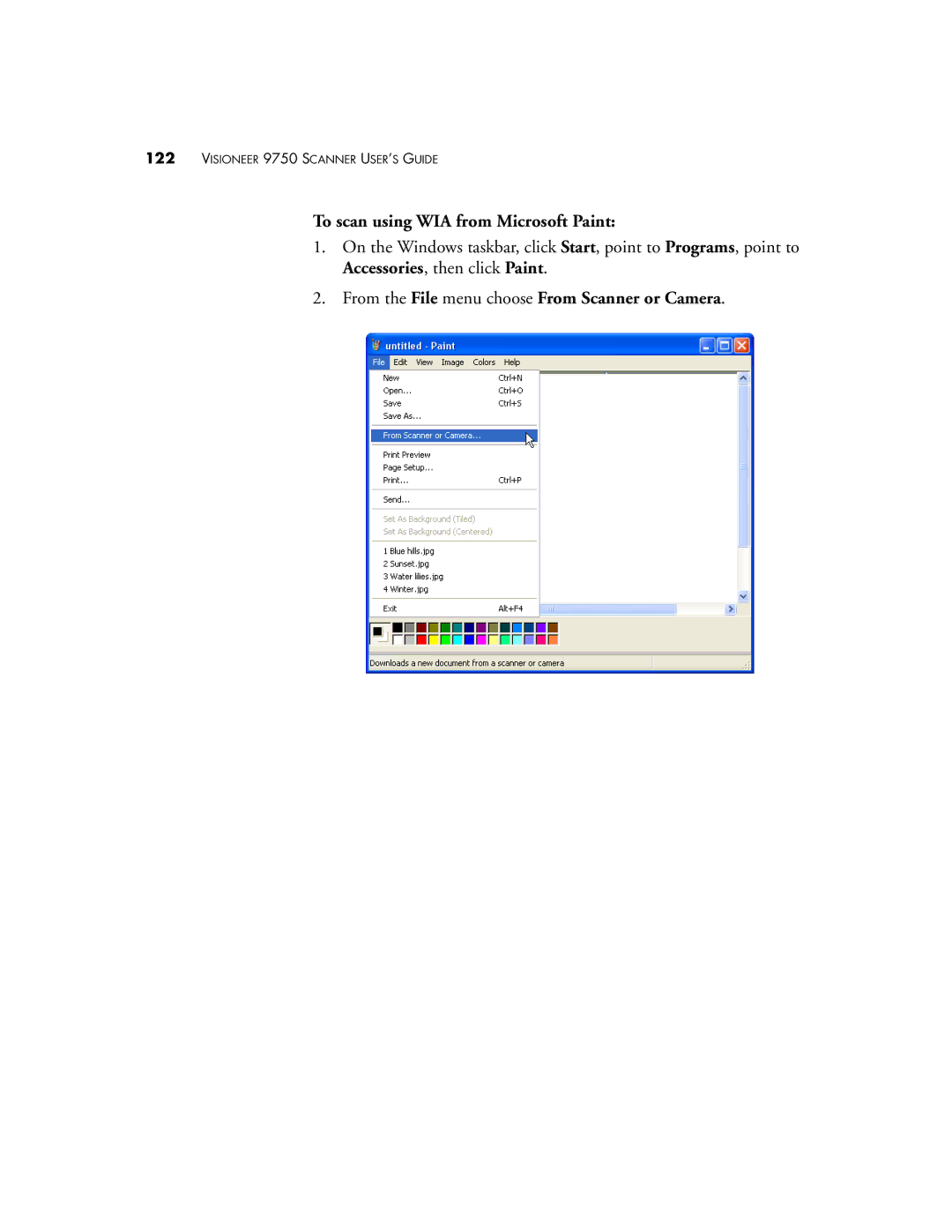 Visioneer 9750 manual To scan using WIA from Microsoft Paint, From the File menu choose From Scanner or Camera 