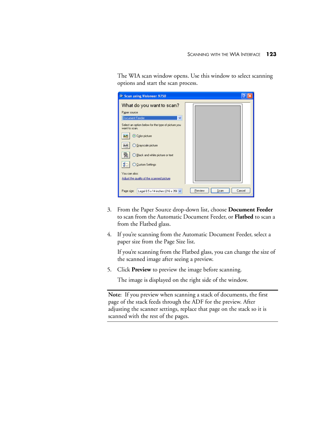 Visioneer 9750 manual Scanning with the WIA Interface 