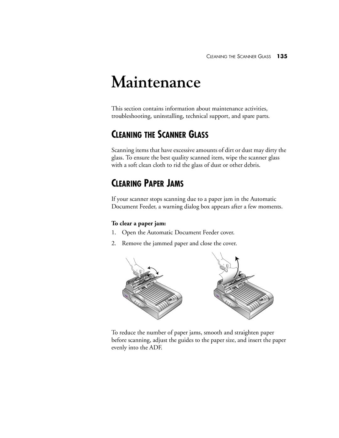 Visioneer 9750 manual Cleaning the Scanner Glass, Clearing Paper Jams, To clear a paper jam 