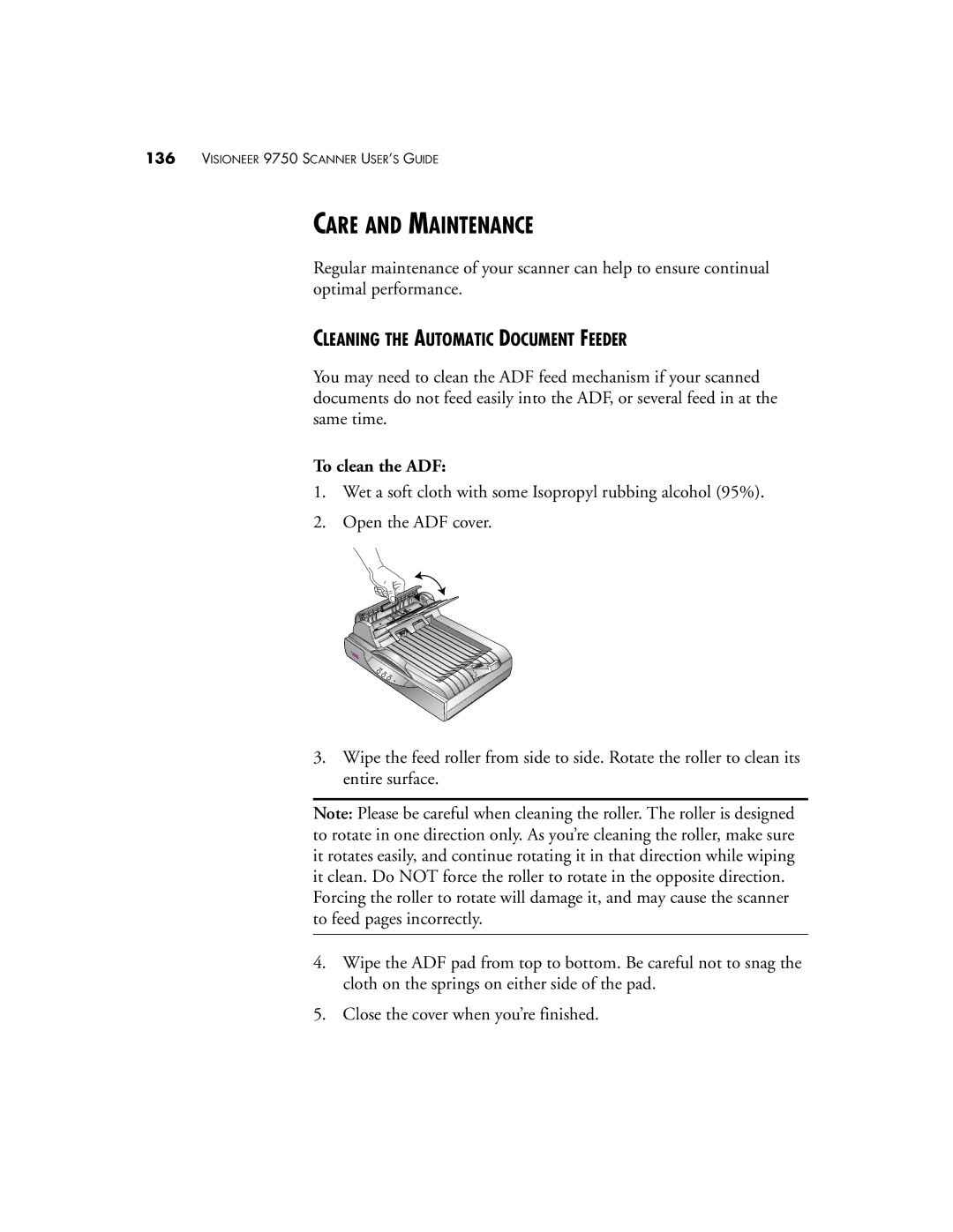 Visioneer 9750 manual Care and Maintenance, Cleaning the Automatic Document Feeder, To clean the ADF 