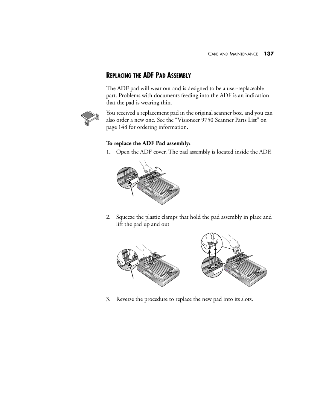 Visioneer 9750 manual Replacing the ADF PAD Assembly, To replace the ADF Pad assembly 