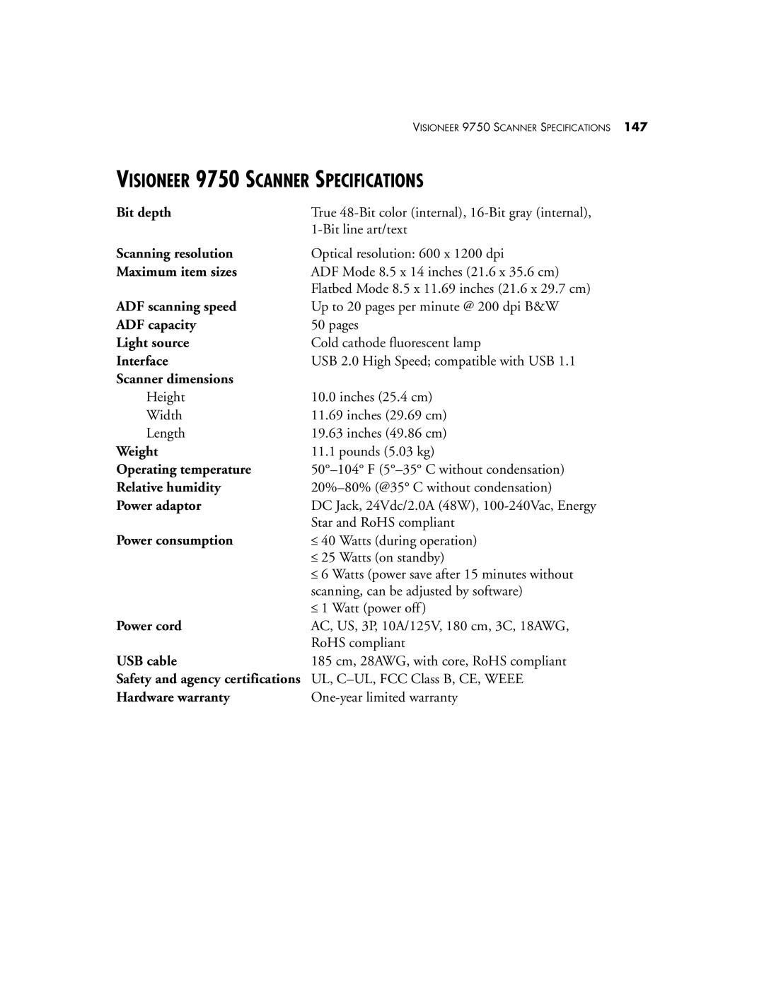 Visioneer manual Visioneer 9750 Scanner Specifications 