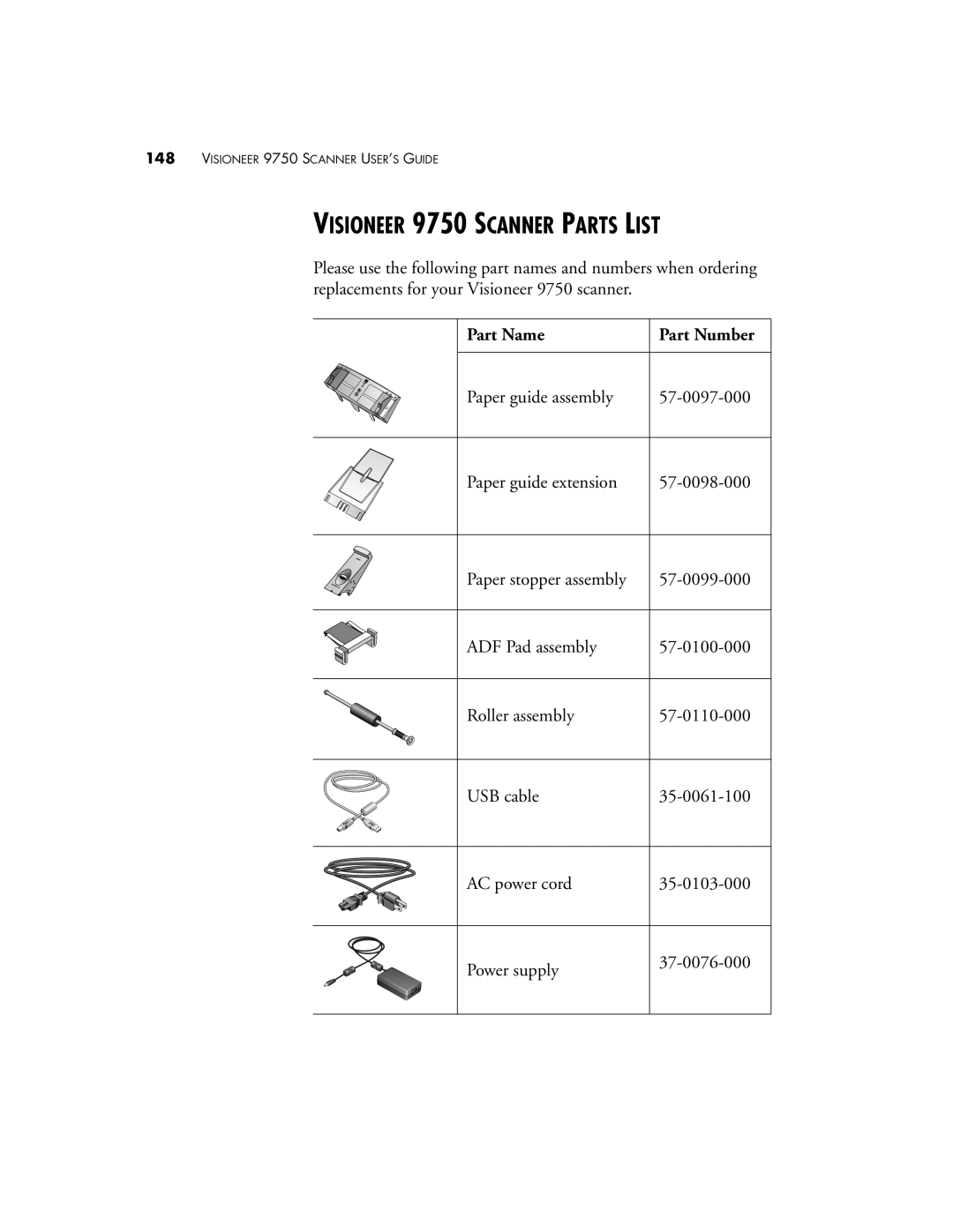 Visioneer manual Visioneer 9750 Scanner Parts List, Part Name 