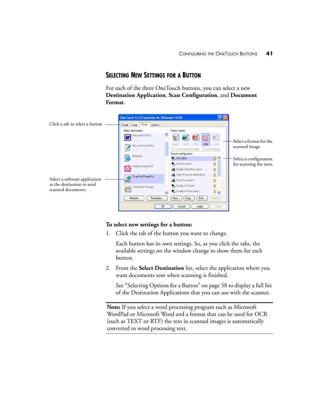 Visioneer 9750 manual Selecting NEW Settings for a Button, To select new settings for a button 