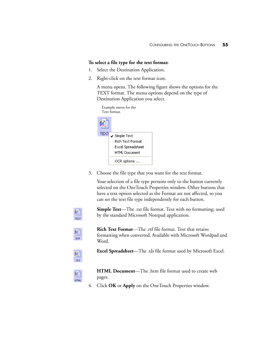 Visioneer 9750 manual To select a file type for the text format 