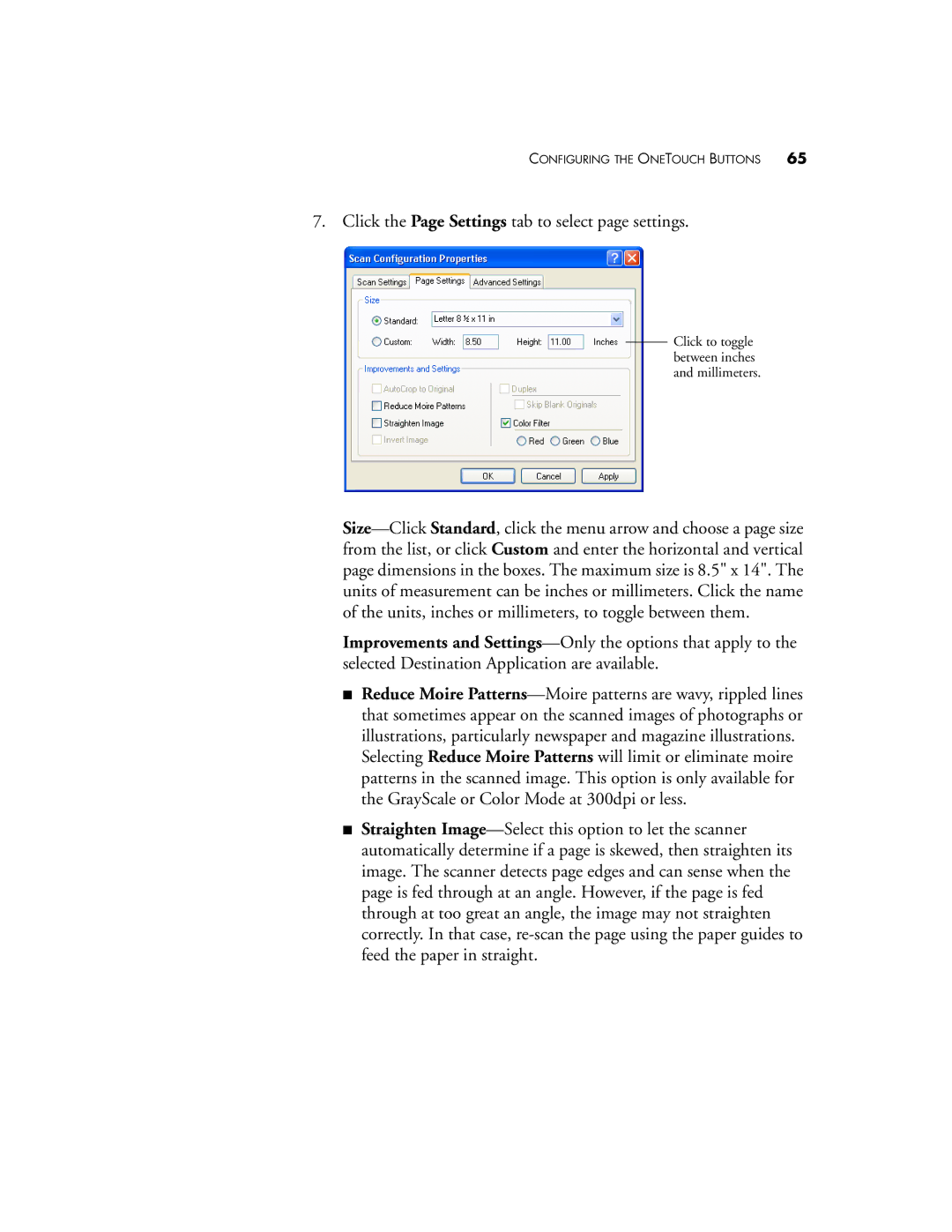 Visioneer 9750 manual Click the Page Settings tab to select page settings 