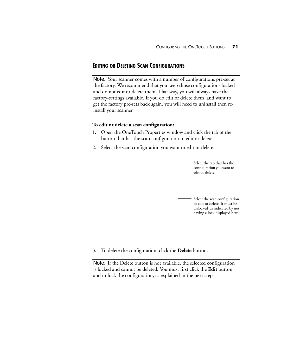 Visioneer 9750 manual Editing or Deleting Scan Configurations, To edit or delete a scan configuration 