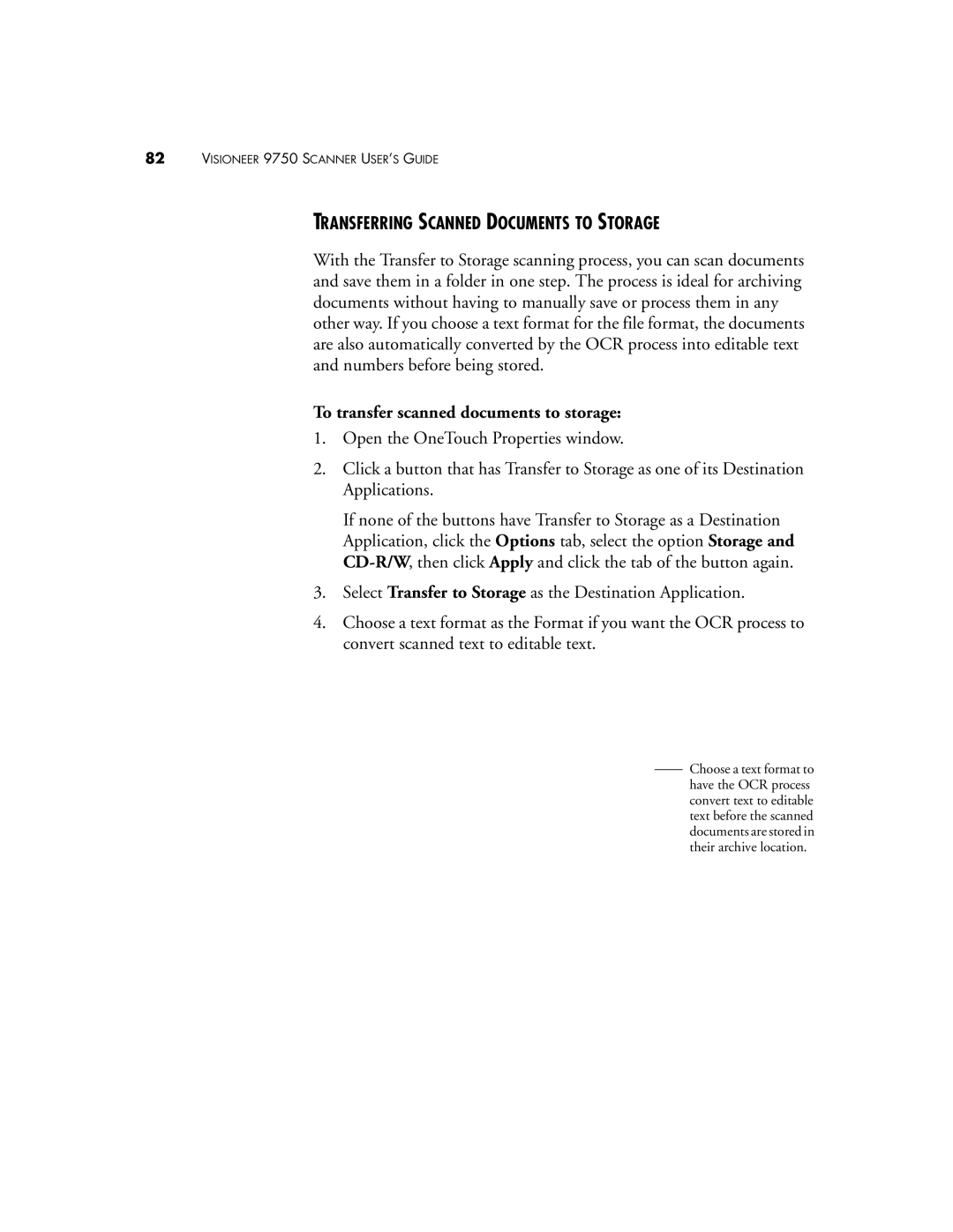 Visioneer 9750 manual Transferring Scanned Documents to Storage, To transfer scanned documents to storage 