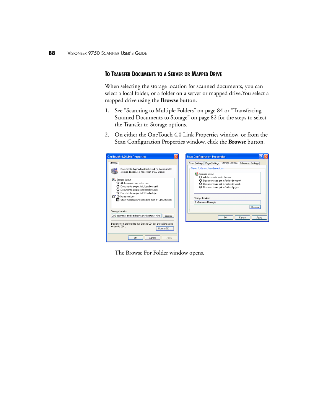 Visioneer 9750 manual To Transfer Documents to a Server or Mapped Drive 