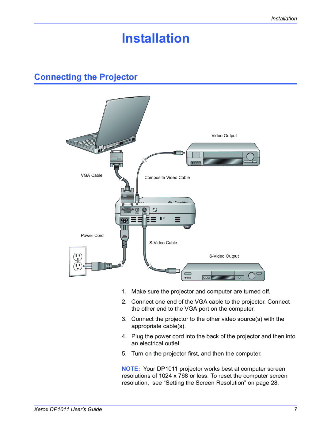 Visioneer DP1011 manual Installation, Connecting the Projector 