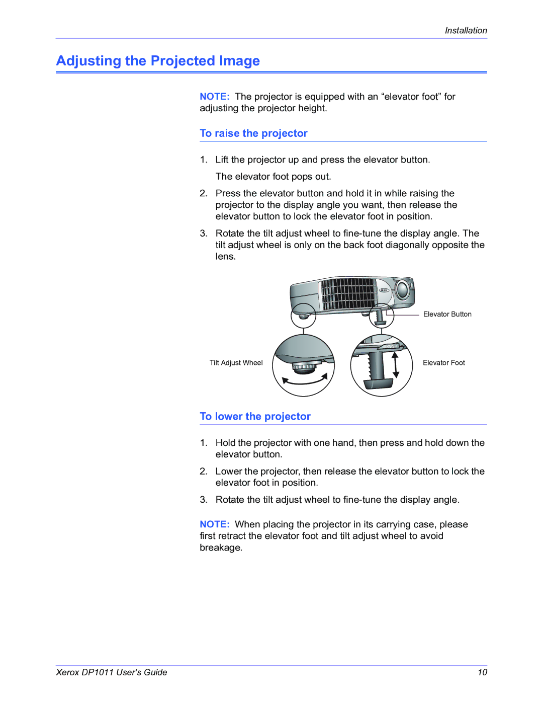 Visioneer DP1011 manual Adjusting the Projected Image, To raise the projector, To lower the projector 