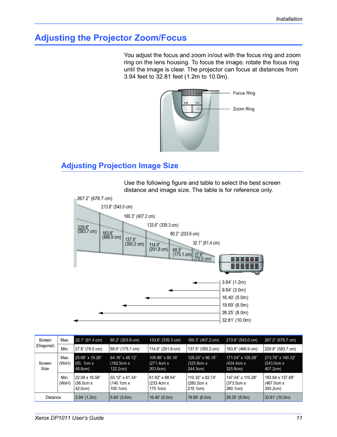 Visioneer DP1011 manual Adjusting the Projector Zoom/Focus, Adjusting Projection Image Size 