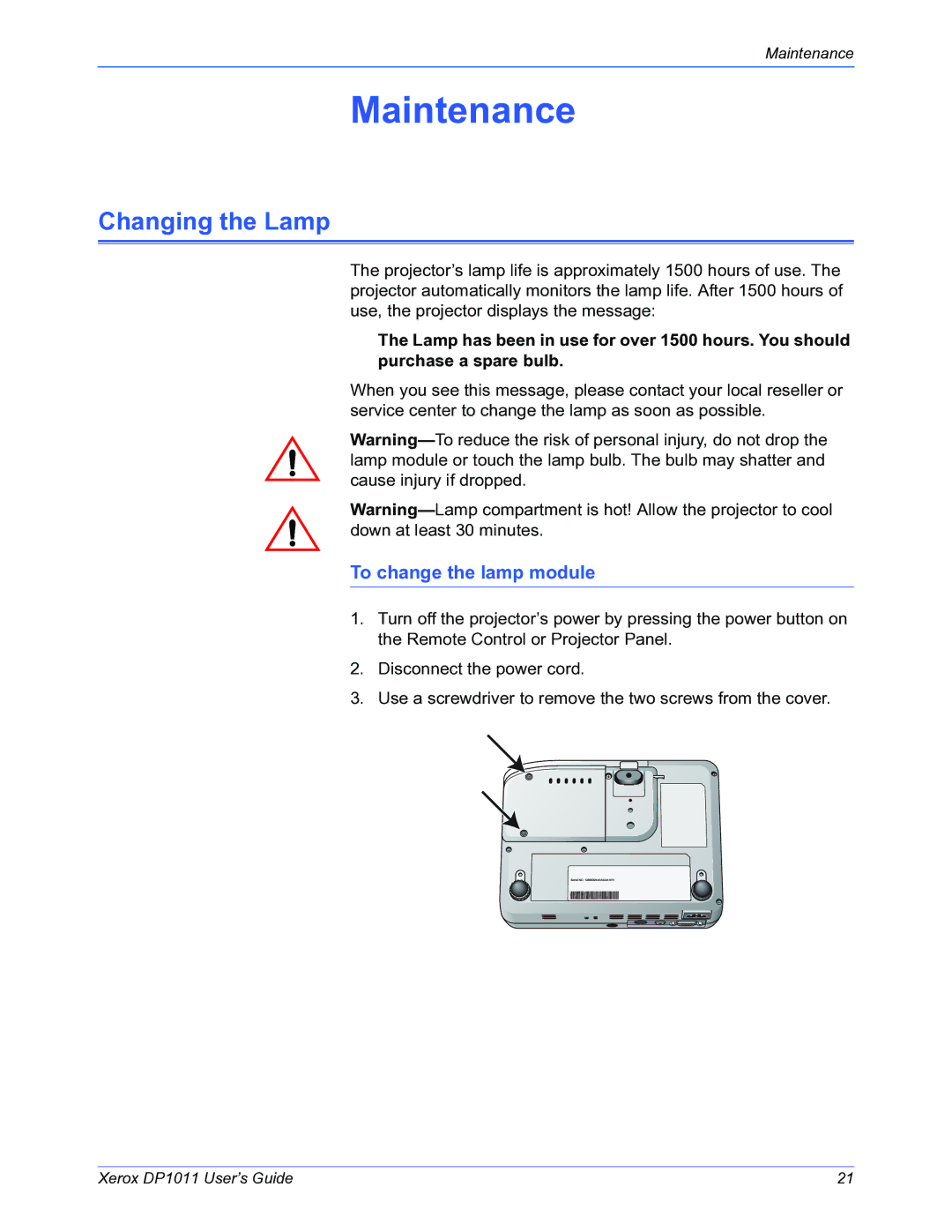 Visioneer DP1011 manual Maintenance, Changing the Lamp, To change the lamp module 