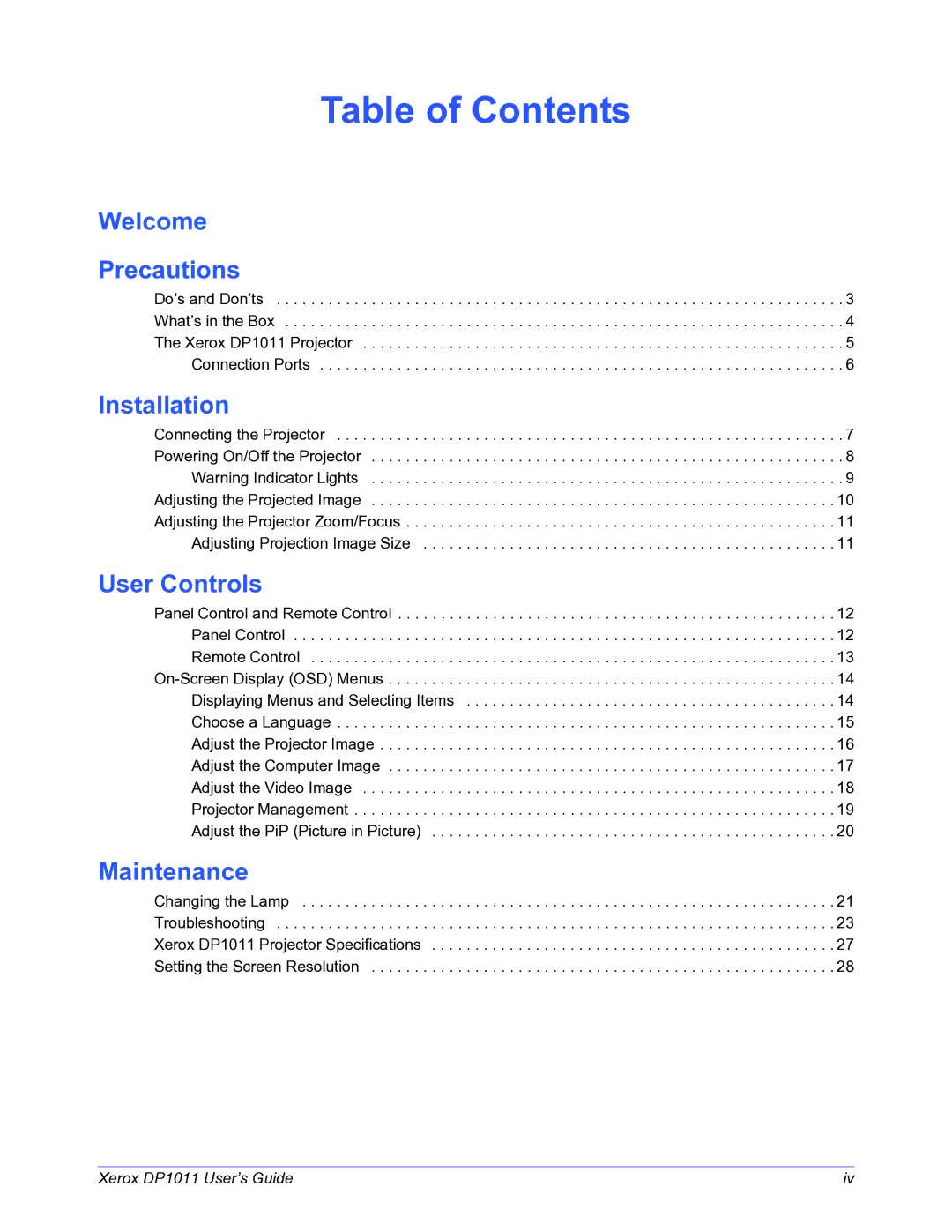 Visioneer DP1011 manual Table of Contents 