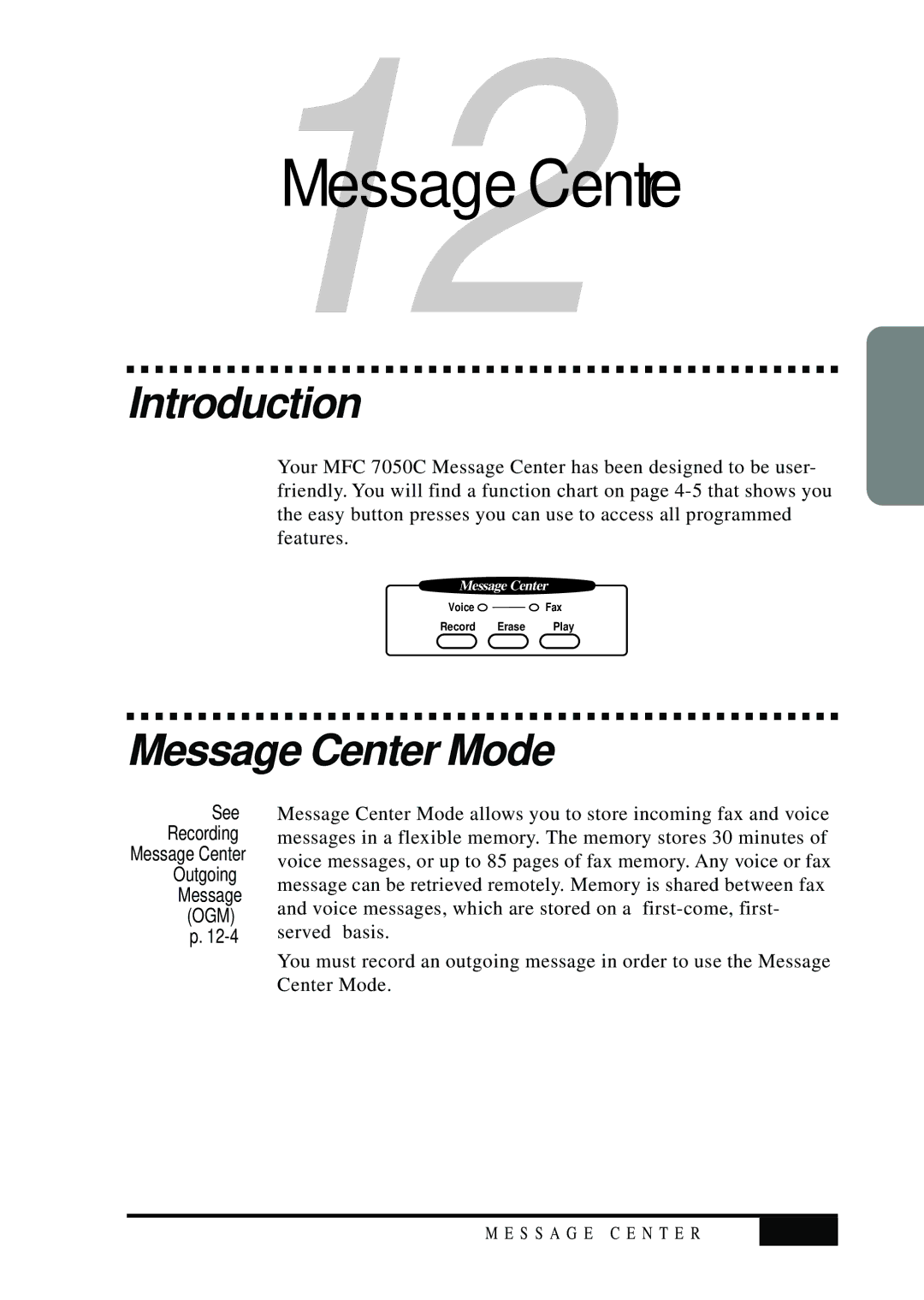 Visioneer MFC7050C owner manual Introduction, Message Center Mode, 12-1 