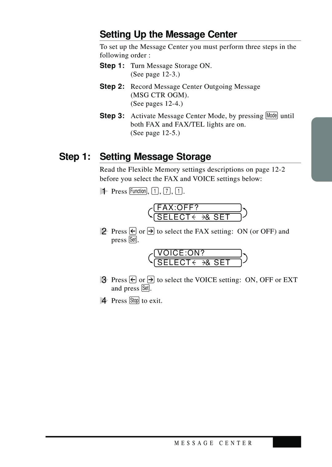 Visioneer MFC7050C Setting Up the Message Center, Setting Message Storage, FAXOFF? Select & SET, VOICEON? Select SET, 12-3 