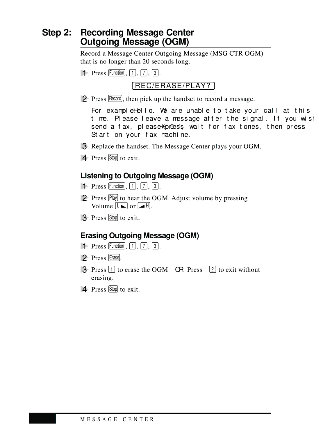 Visioneer MFC7050C Recording Message Center Outgoing Message OGM, Listening to Outgoing Message OGM, Rec/Erase/Play?, 12-4 