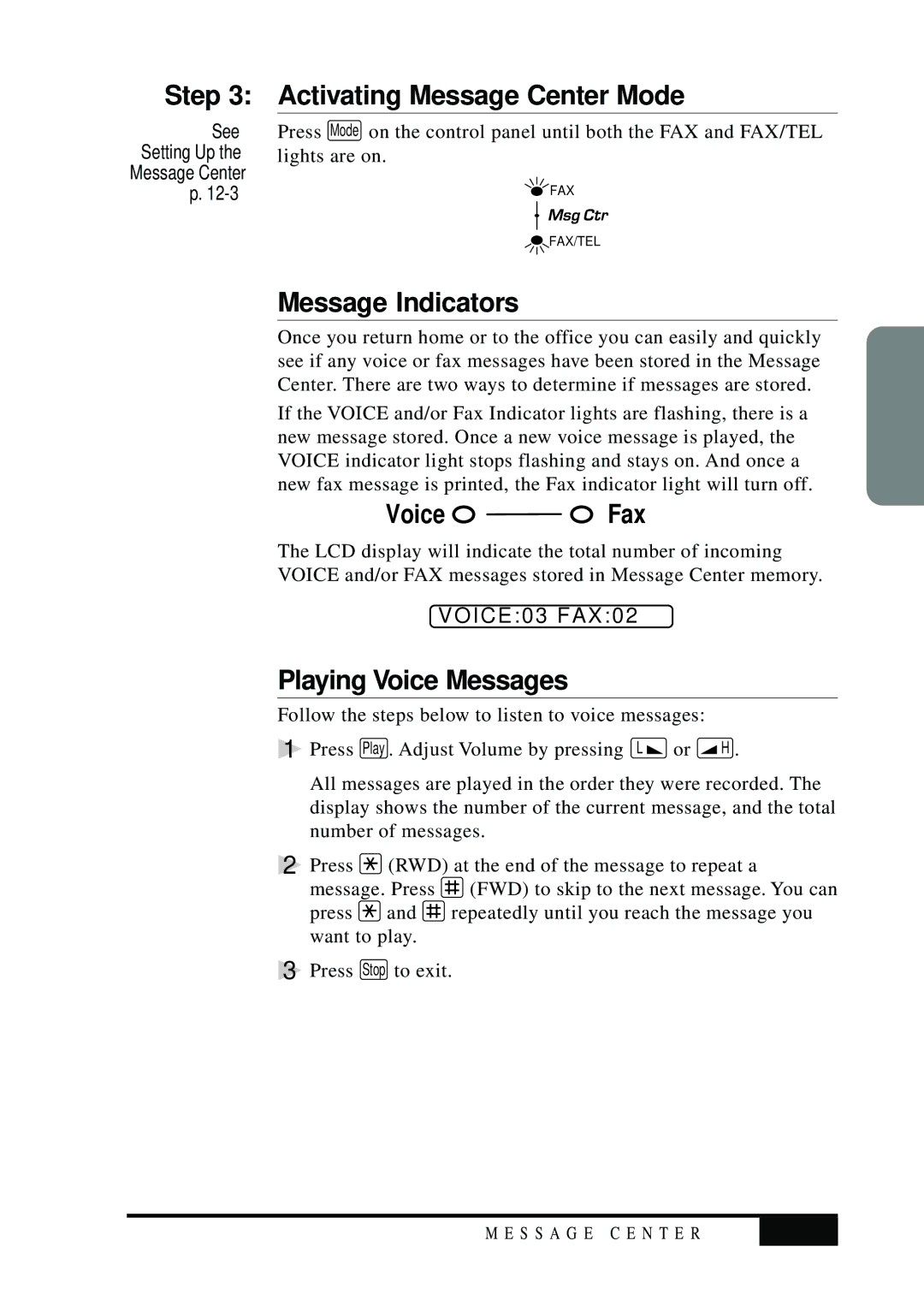 Visioneer MFC7050C Activating Message Center Mode, Message Indicators, Playing Voice Messages, VOICE03 FAX02, 12-5 