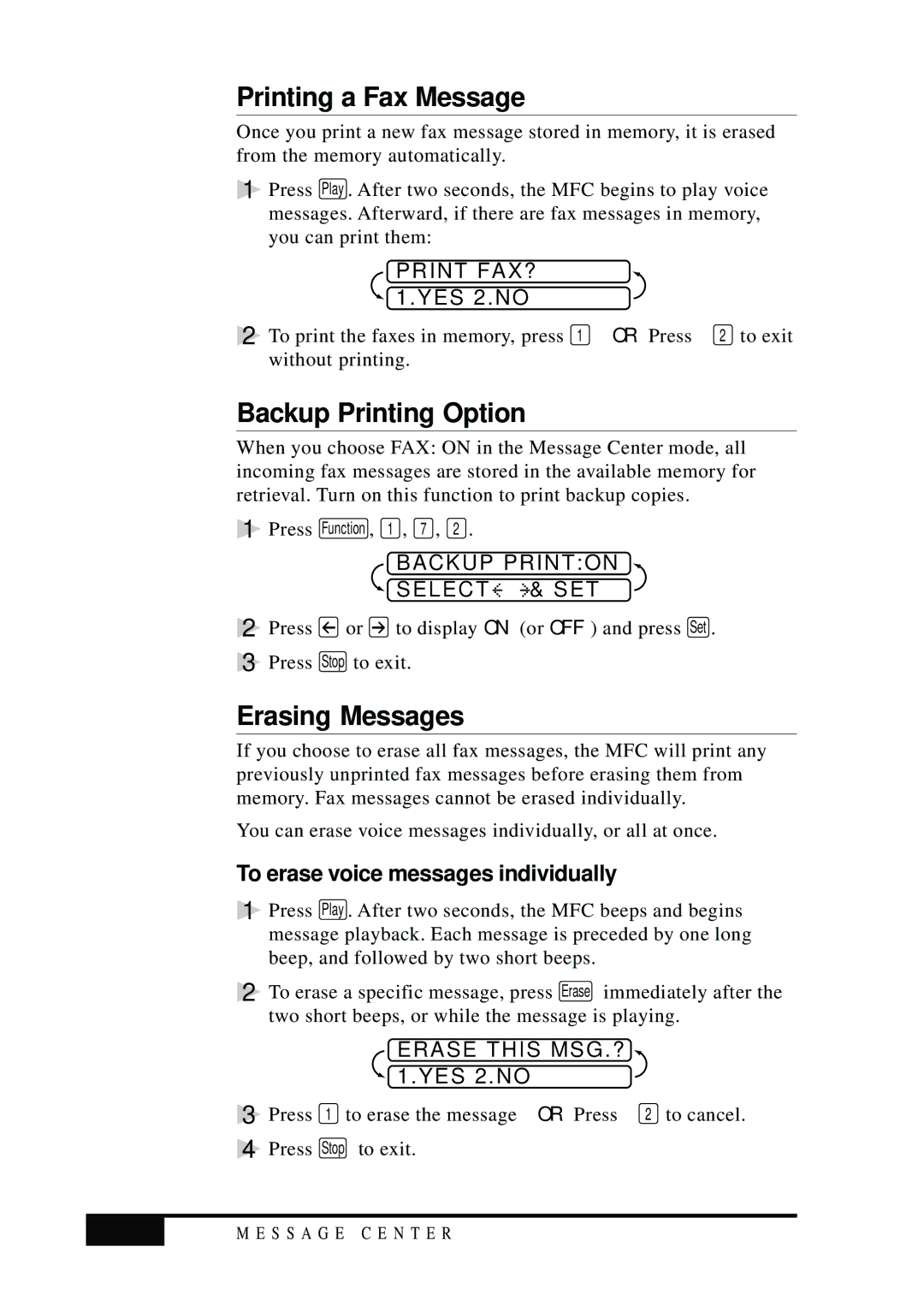 Visioneer MFC7050C Printing a Fax Message, Backup Printing Option, Erasing Messages, To erase voice messages individually 