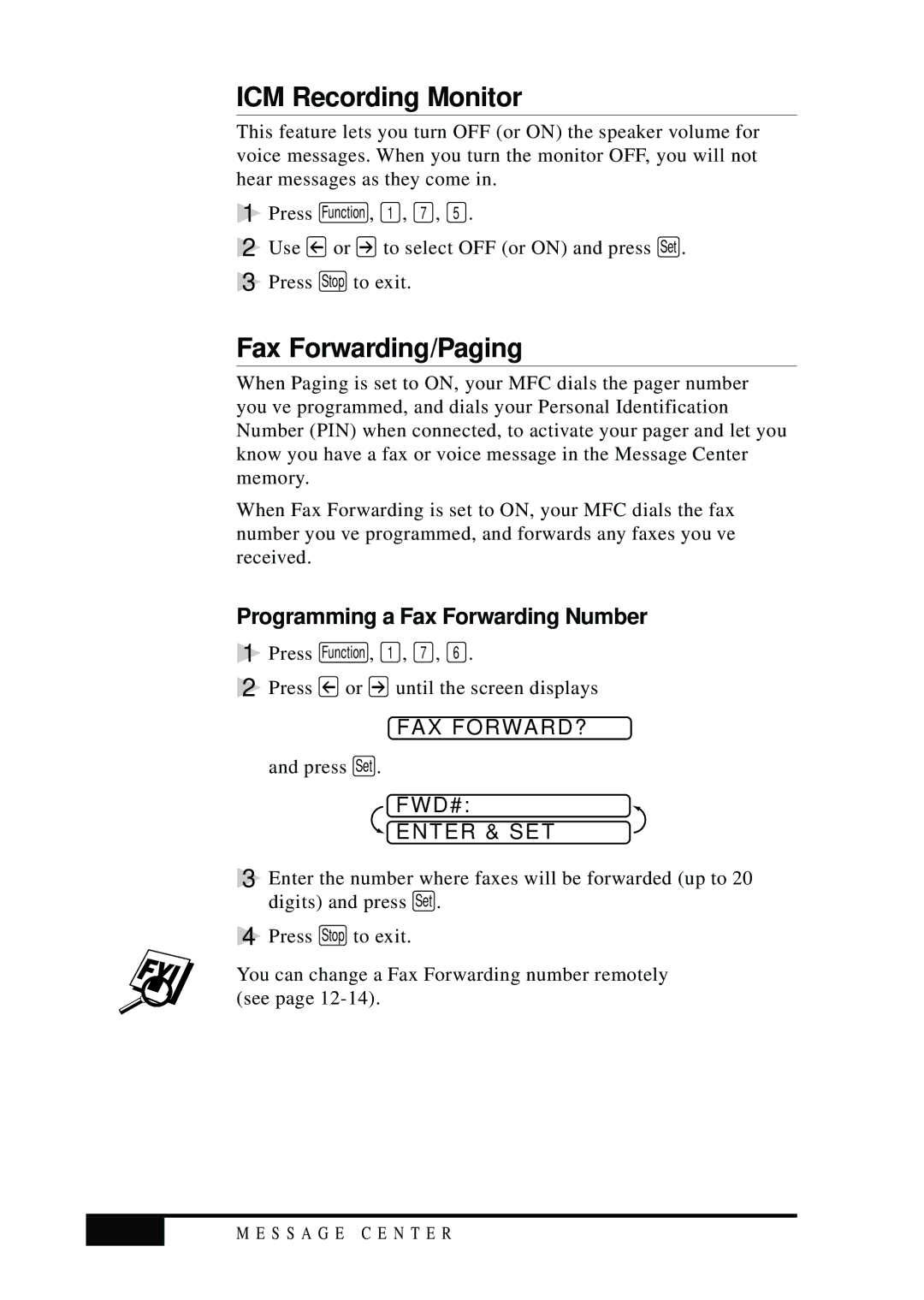 Visioneer MFC7050C owner manual ICM Recording Monitor, Fax Forwarding/Paging, Programming a Fax Forwarding Number, 12-8 