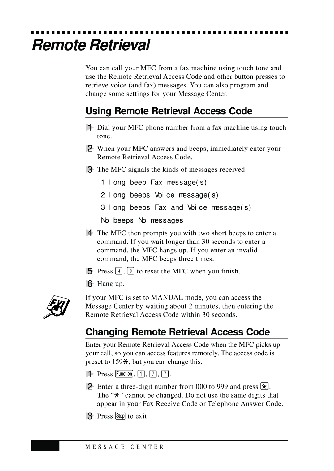 Visioneer MFC7050C owner manual Using Remote Retrieval Access Code, Changing Remote Retrieval Access Code, 12-10 