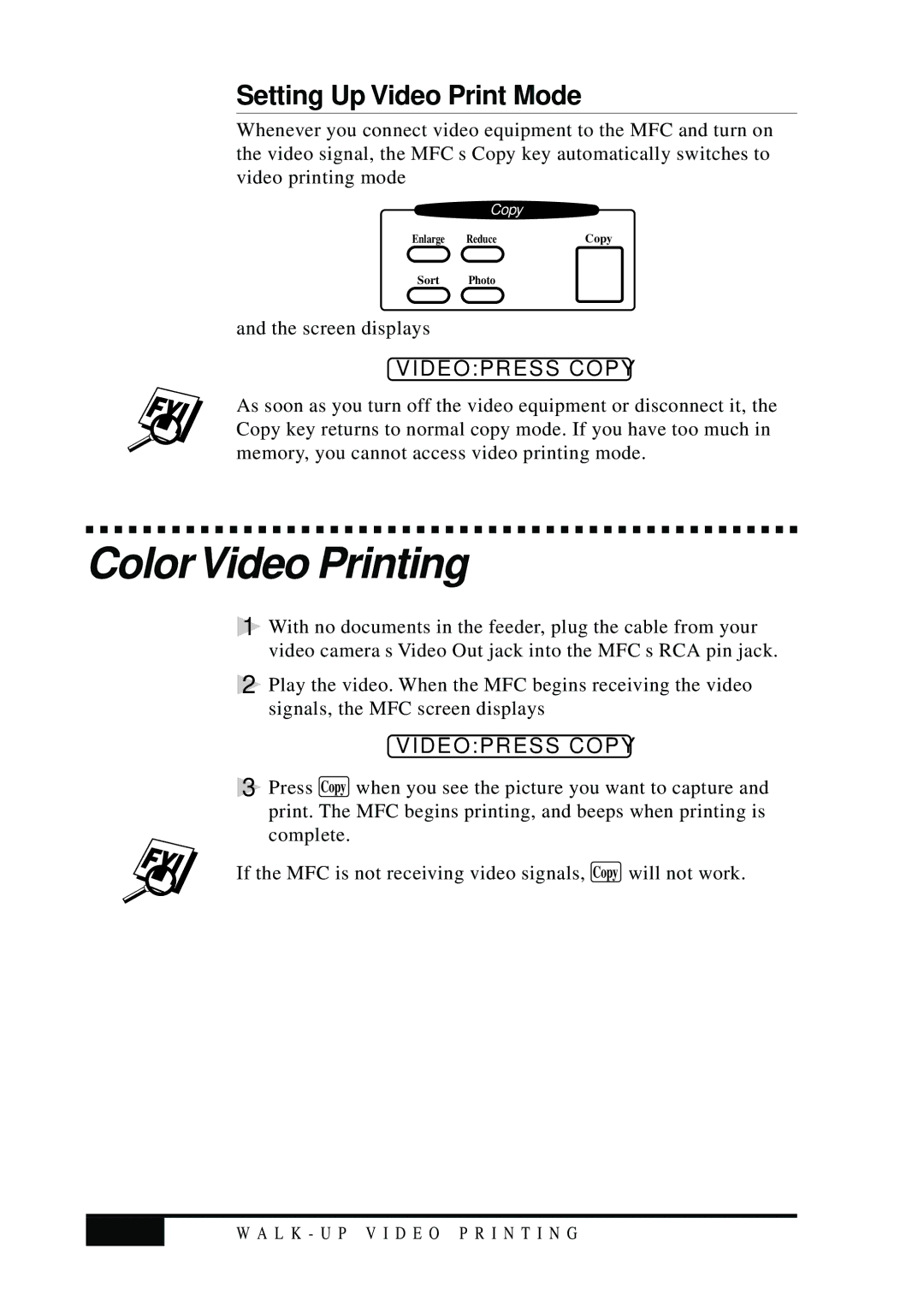 Visioneer MFC7050C owner manual Color Video Printing, Setting Up Video Print Mode, Videopress Copy 