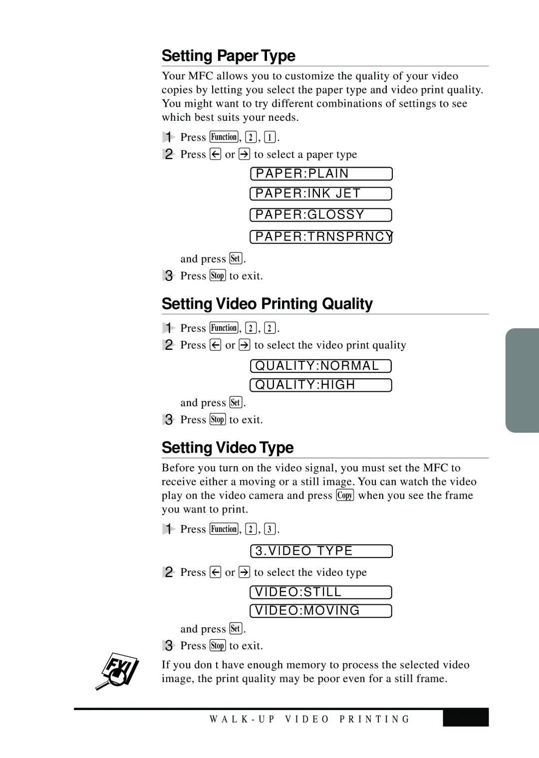 Visioneer MFC7050C owner manual Setting Paper Type, Setting Video Printing Quality, Setting Video Type 