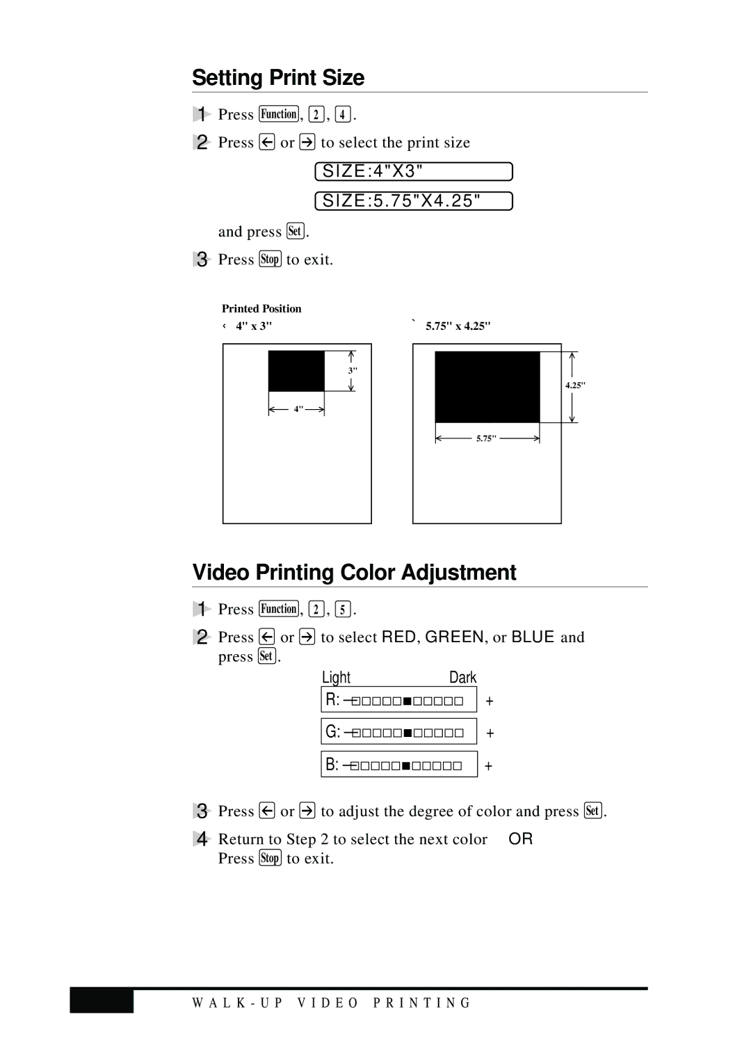 Visioneer MFC7050C owner manual Setting Print Size, Video Printing Color Adjustment 