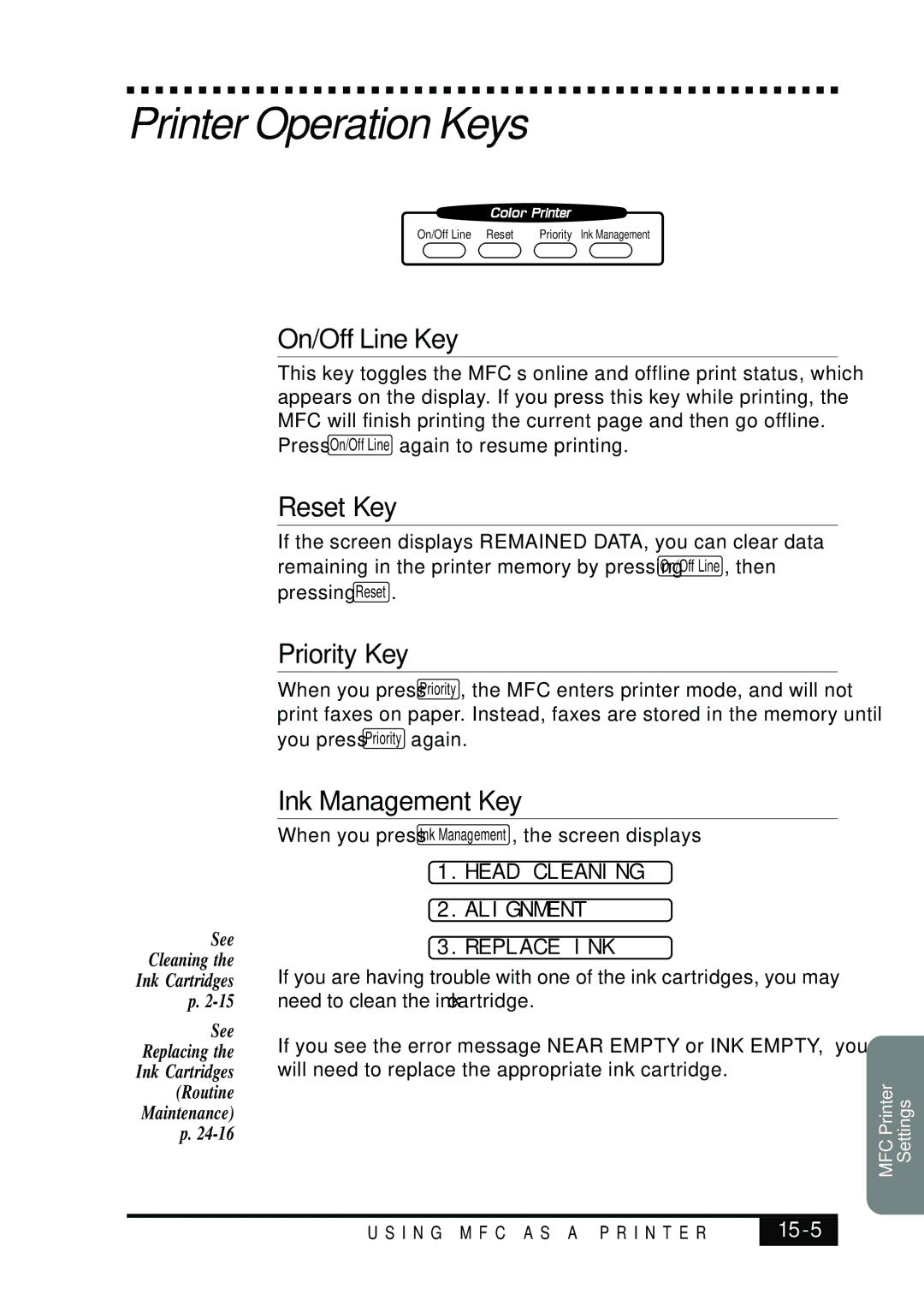 Visioneer MFC7050C owner manual Printer Operation Keys, On/Off Line Key, Reset Key, Priority Key, Ink Management Key 